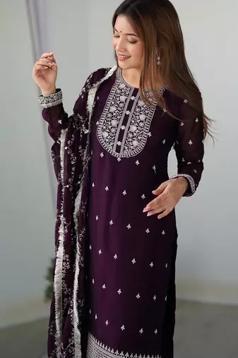 Women's Gorgeous Embroidery Rangoli Silk Fabric Straight Kurta Pant and Dupatta Set