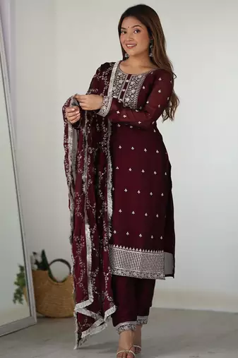 Women's Gorgeous Embroidery Rangoli Silk Fabric Straight Kurta Pant and Dupatta Set