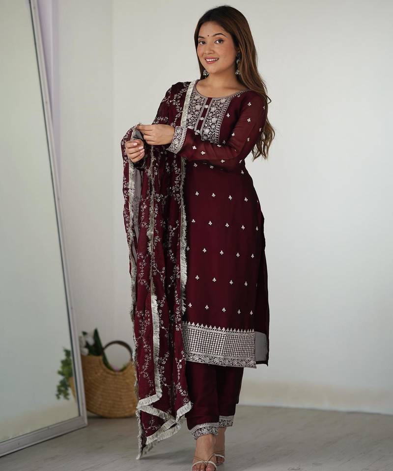 Women's Gorgeous Embroidery Rangoli Silk Fabric Straight Kurta Pant and Dupatta Set
