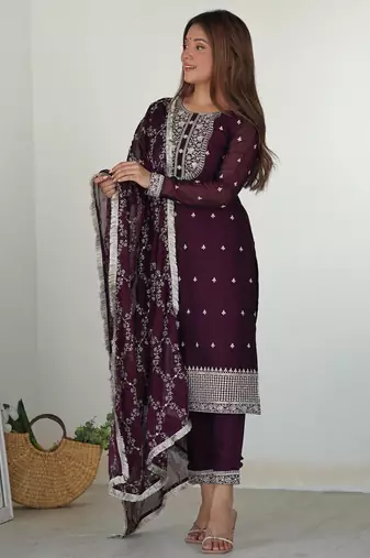 Women's Gorgeous Embroidery Rangoli Silk Fabric Straight Kurta Pant and Dupatta Set