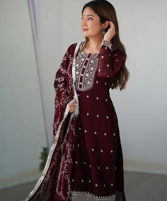 Women's Gorgeous Embroidery Rangoli Silk Fabric Straight Kurta Pant and Dupatta Set 5