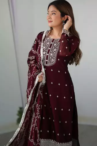 Women's Gorgeous Embroidery Rangoli Silk Fabric Straight Kurta Pant and Dupatta Set
