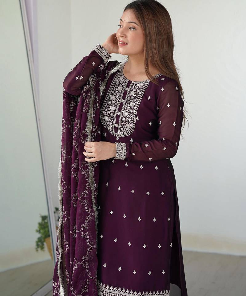 Women's Gorgeous Embroidery Rangoli Silk Fabric Straight Kurta Pant and Dupatta Set