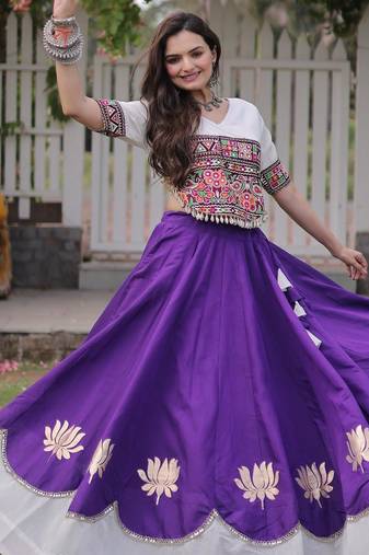White and Purple Roman Kutchi Gamthi Work Blouse With Gota & Mirror Work Flared Lehenga