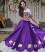 White and Purple Roman Kutchi Gamthi Work Blouse With Gota & Mirror Work Flared Lehenga