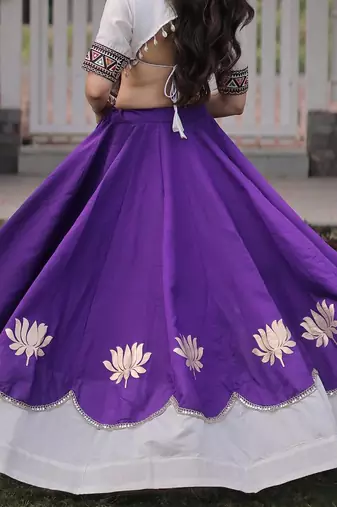 White and Purple Roman Kutchi Gamthi Work Blouse With Gota & Mirror Work Flared Lehenga