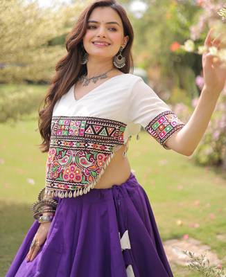 White and Purple Roman Kutchi Gamthi Work Blouse With Gota & Mirror Work Flared Lehenga 3
