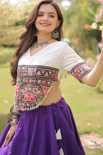 White and Purple Roman Kutchi Gamthi Work Blouse With Gota & Mirror Work Flared Lehenga
