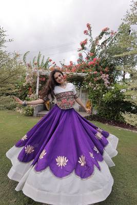 White and Purple Roman Kutchi Gamthi Work Blouse With Gota & Mirror Work Flared Lehenga 4