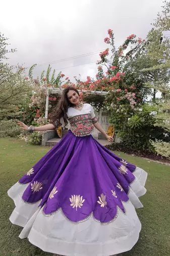 White and Purple Roman Kutchi Gamthi Work Blouse With Gota & Mirror Work Flared Lehenga