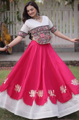 pink kora cotton navrati lehenga with white peplum top