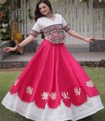 White and Pink Roman Kutchi Gamthi Work Blouse With Gota & Mirror Work Flared Lehenga