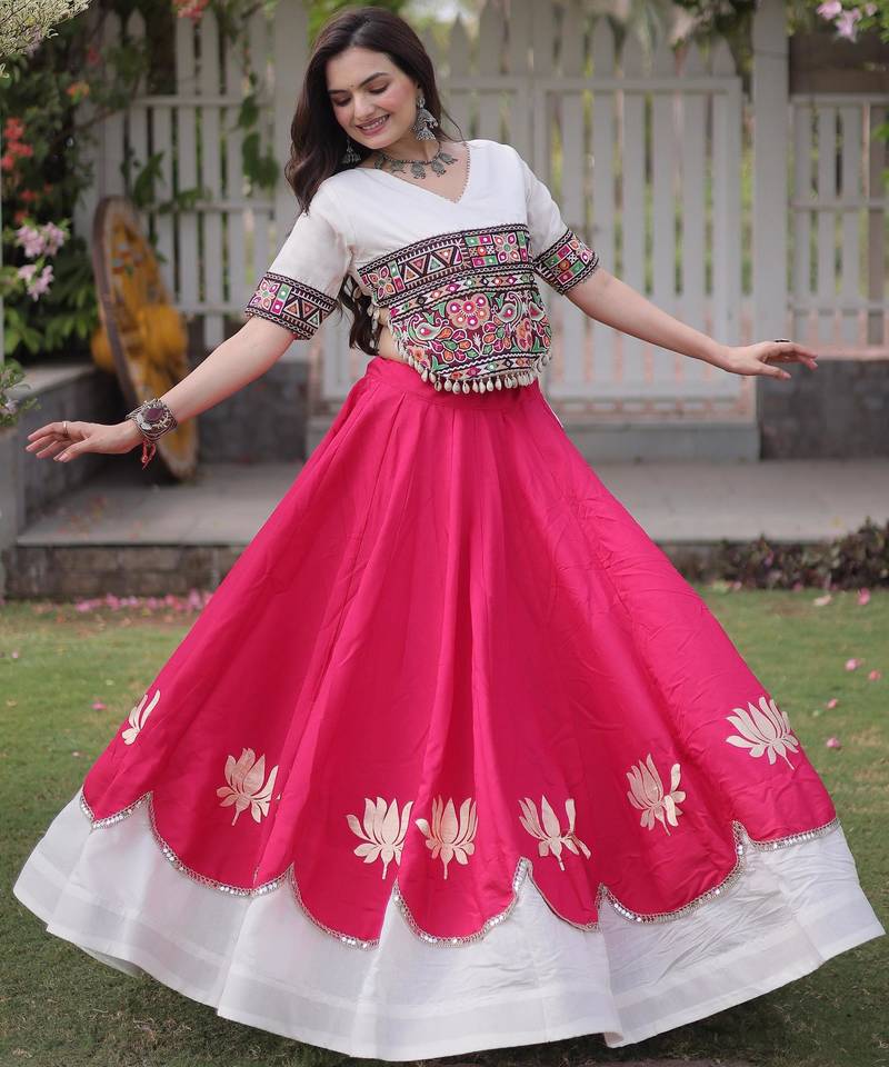 White and Pink Roman Kutchi Gamthi Work Blouse With Gota & Mirror Work Flared Lehenga