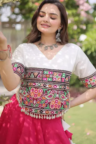 White and Pink Roman Kutchi Gamthi Work Blouse With Gota & Mirror Work Flared Lehenga