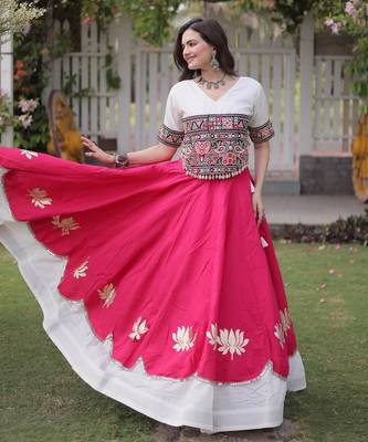 White and Pink Roman Kutchi Gamthi Work Blouse With Gota & Mirror Work Flared Lehenga 4