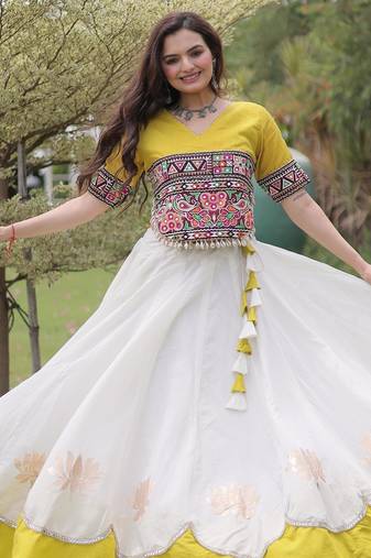 white kora cotton navrati lehenga with parrot green peplum top