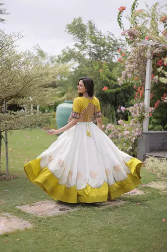 Parrot and White Roman Kutchi Gamthi Work Blouse With Gota & Mirror Work Flared Lehenga