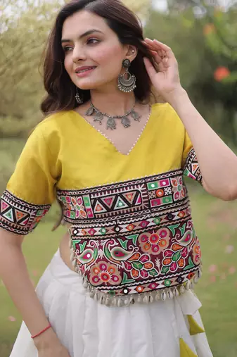 Parrot and White Roman Kutchi Gamthi Work Blouse With Gota & Mirror Work Flared Lehenga