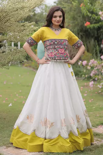 Parrot and White Roman Kutchi Gamthi Work Blouse With Gota & Mirror Work Flared Lehenga