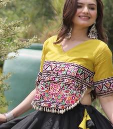 Parrot and Black Roman Kutchi Gamthi Work Blouse With Gota & Mirror Work Flared Lehenga