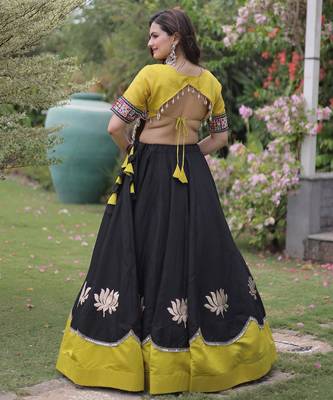 Parrot and Black Roman Kutchi Gamthi Work Blouse With Gota & Mirror Work Flared Lehenga 3