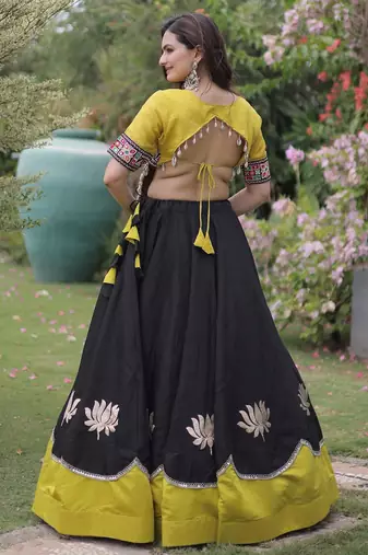 Parrot and Black Roman Kutchi Gamthi Work Blouse With Gota & Mirror Work Flared Lehenga