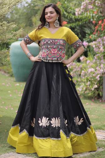 Parrot and Black Roman Kutchi Gamthi Work Blouse With Gota & Mirror Work Flared Lehenga