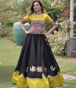 Parrot and Black Roman Kutchi Gamthi Work Blouse With Gota & Mirror Work Flared Lehenga