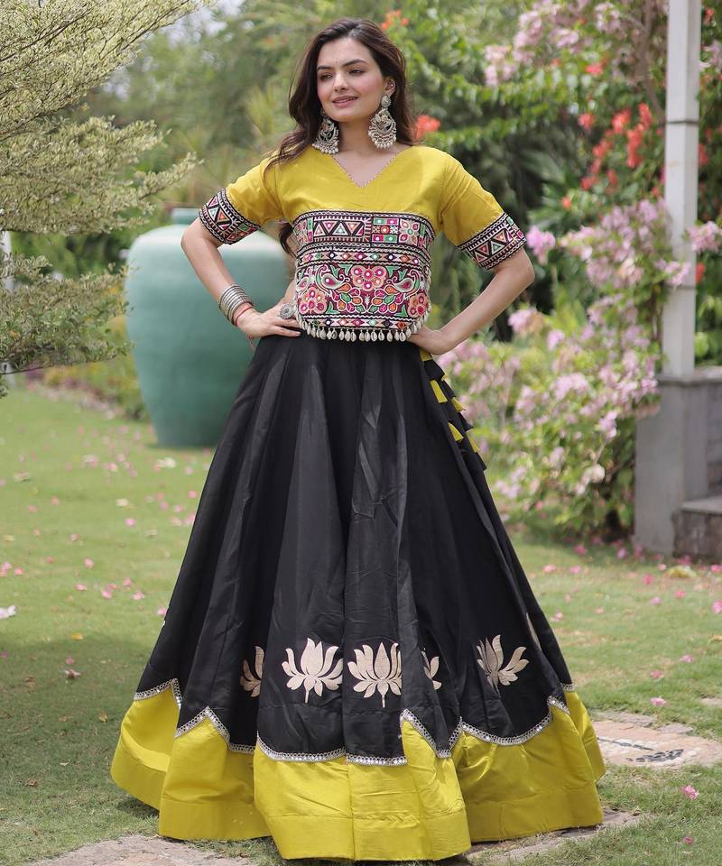Parrot and Black Roman Kutchi Gamthi Work Blouse With Gota & Mirror Work Flared Lehenga