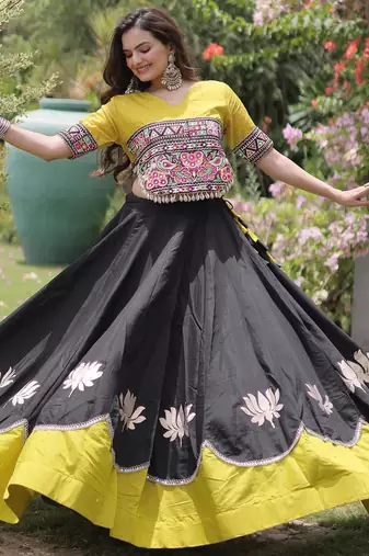 Parrot and Black Roman Kutchi Gamthi Work Blouse With Gota & Mirror Work Flared Lehenga