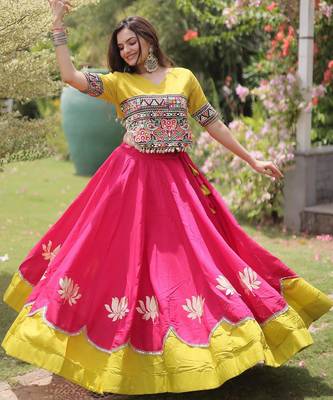 Parrot and Pink Roman Kutchi Gamthi Work Blouse With Gota & Mirror Work Flared Lehenga 1