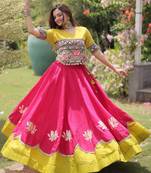 Parrot and Pink Roman Kutchi Gamthi Work Blouse With Gota & Mirror Work Flared Lehenga