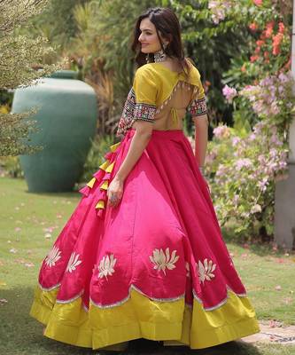 Parrot and Pink Roman Kutchi Gamthi Work Blouse With Gota & Mirror Work Flared Lehenga 2