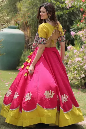 Parrot and Pink Roman Kutchi Gamthi Work Blouse With Gota & Mirror Work Flared Lehenga
