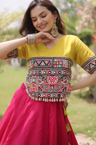 Parrot and Pink Roman Kutchi Gamthi Work Blouse With Gota & Mirror Work Flared Lehenga