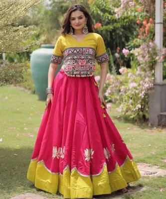 Parrot and Pink Roman Kutchi Gamthi Work Blouse With Gota & Mirror Work Flared Lehenga 4