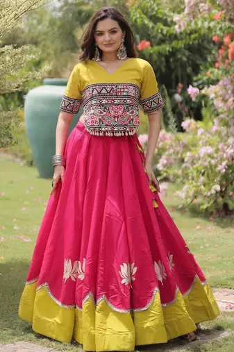 Parrot and Pink Roman Kutchi Gamthi Work Blouse With Gota & Mirror Work Flared Lehenga