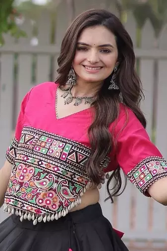 Pink and Black Roman Kutchi Gamthi Work Blouse With Gota & Mirror Work Flared Lehenga