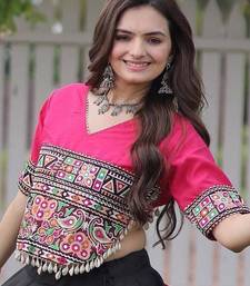 Pink and Black Roman Kutchi Gamthi Work Blouse With Gota & Mirror Work Flared Lehenga