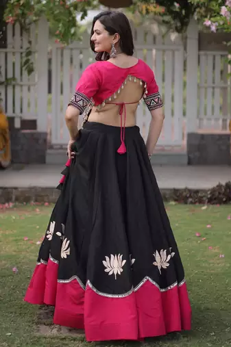 Pink and Black Roman Kutchi Gamthi Work Blouse With Gota & Mirror Work Flared Lehenga