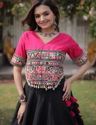 Pink and Black Roman Kutchi Gamthi Work Blouse With Gota & Mirror Work Flared Lehenga 4
