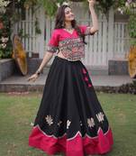 Pink and Black Roman Kutchi Gamthi Work Blouse With Gota & Mirror Work Flared Lehenga