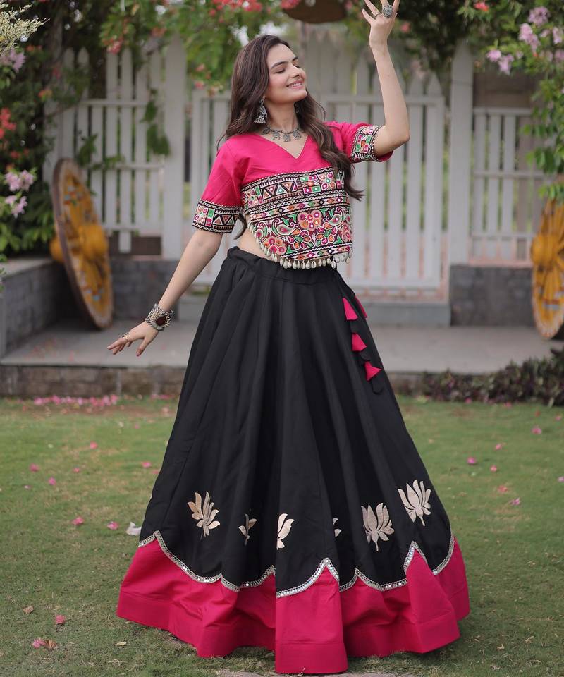 Pink and Black Roman Kutchi Gamthi Work Blouse With Gota & Mirror Work Flared Lehenga