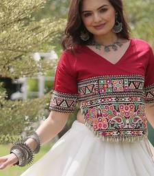 Maroon and White Roman Kutchi Gamthi Work Blouse With Gota & Mirror Work Flared Lehenga