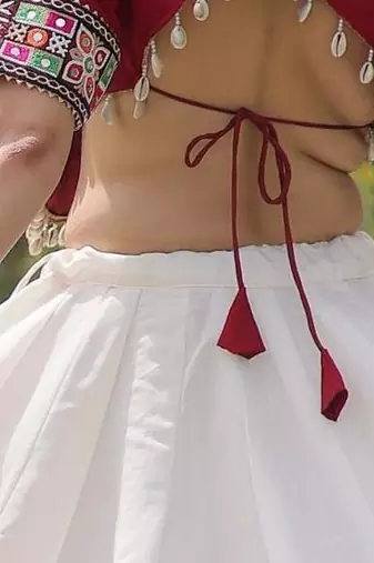 Maroon and White Roman Kutchi Gamthi Work Blouse With Gota & Mirror Work Flared Lehenga