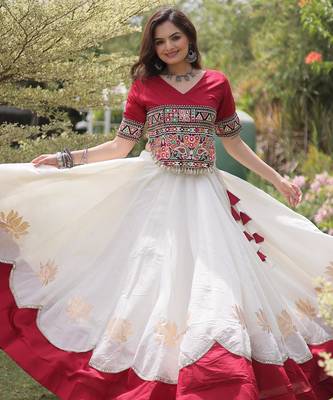 Maroon and White Roman Kutchi Gamthi Work Blouse With Gota & Mirror Work Flared Lehenga 4