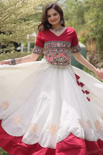 Maroon and White Roman Kutchi Gamthi Work Blouse With Gota & Mirror Work Flared Lehenga