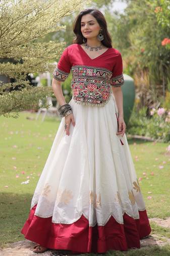 Maroon and White Roman Kutchi Gamthi Work Blouse With Gota & Mirror Work Flared Lehenga