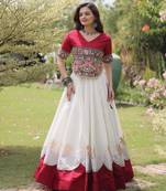 Maroon and White Roman Kutchi Gamthi Work Blouse With Gota & Mirror Work Flared Lehenga