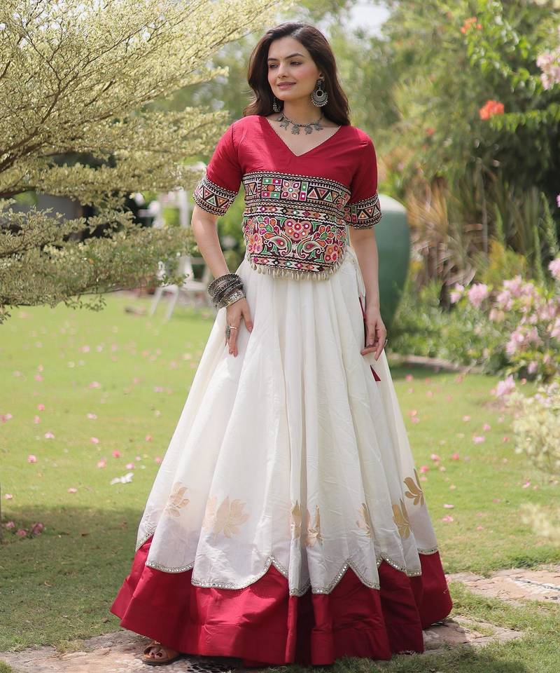 Maroon and White Roman Kutchi Gamthi Work Blouse With Gota & Mirror Work Flared Lehenga